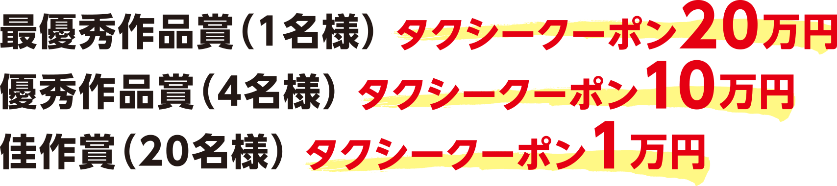最優秀作品賞(1名様)タクシークーポン 20万円 優秀作品賞(4名様)タクシークーポン 10万円 佳作賞(20名様)タクシークーポン 1万円
